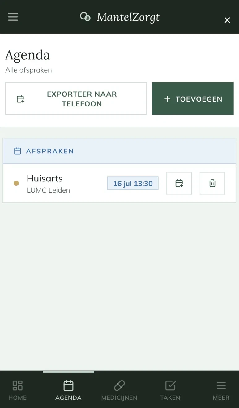 De gedeelde agenda met een huisartsafspraak in het LUMC, exporteren naar je telefoon en met één tik toevoegen