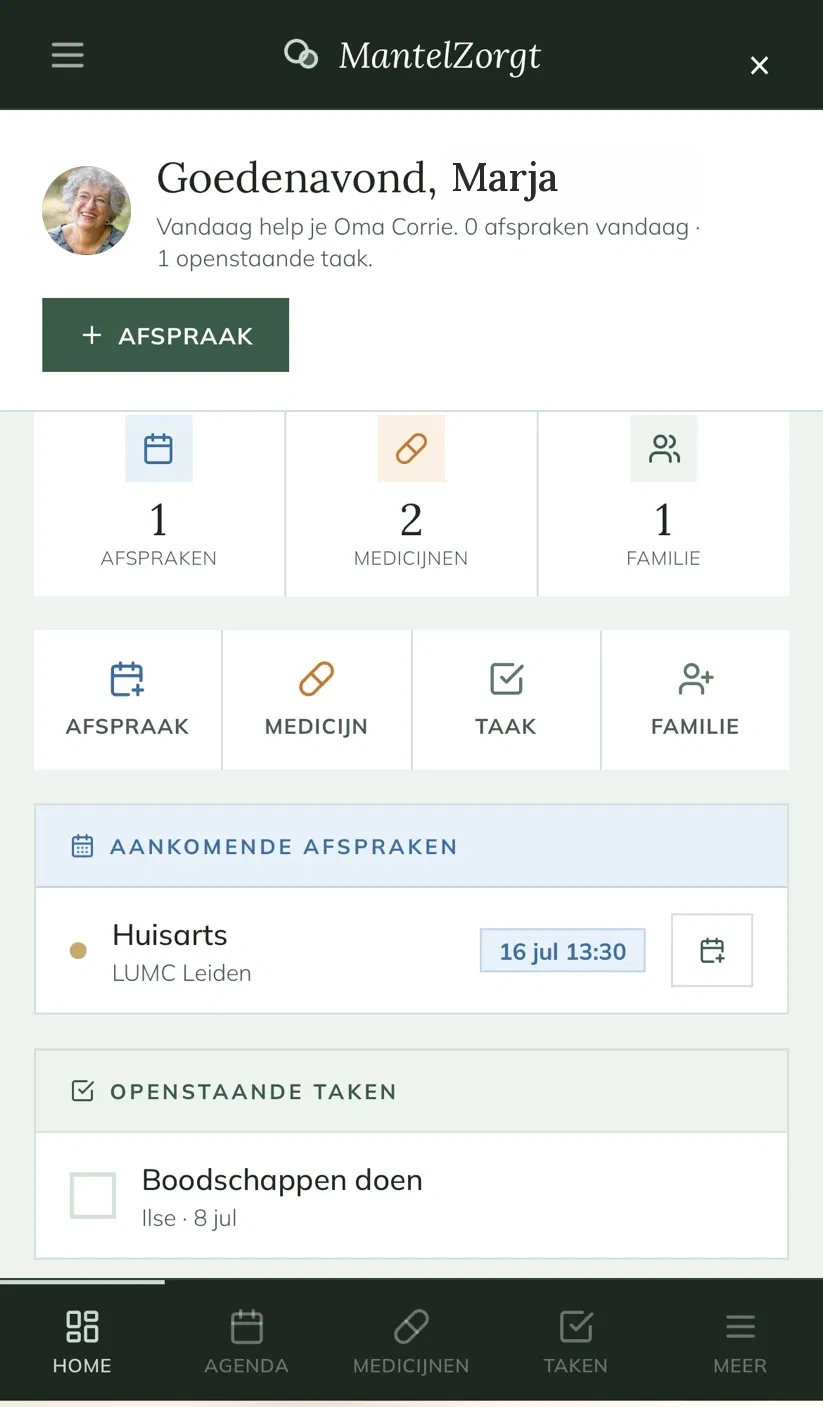 Het MantelZorgt-dashboard met de begroeting voor Marja: afspraken, medicijnen, taken en familie in één overzicht