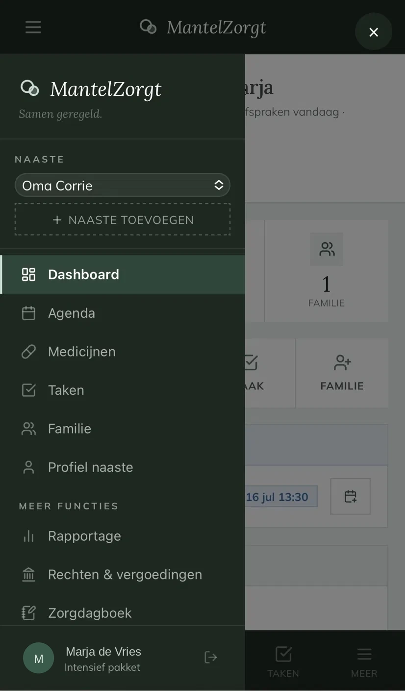 Het menu van MantelZorgt: wisselen tussen naasten, en functies als familie, rapportage, rechten & vergoedingen en het zorgdagboek