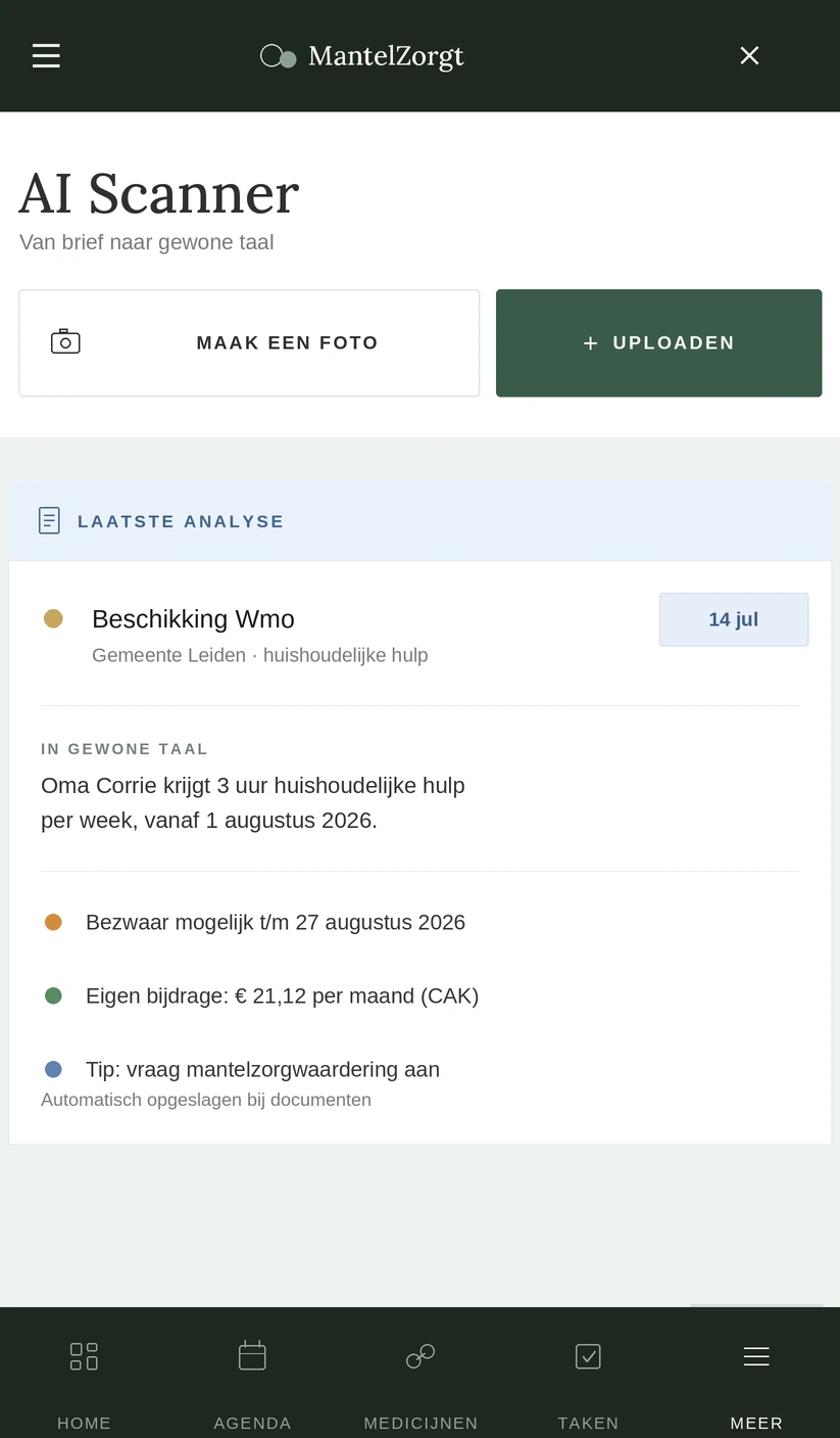 De AI Scanner die een Wmo-beschikking van de gemeente vertaalt naar gewone taal, met bezwaartermijn en eigen bijdrage